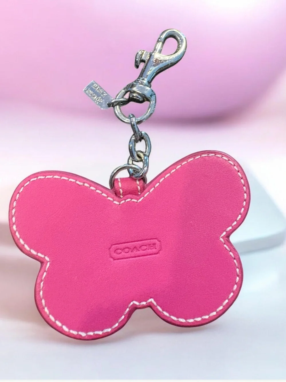 **RARE** Coach Pink Leather Glitter Butterfly Keychain Fob Bag Charm.